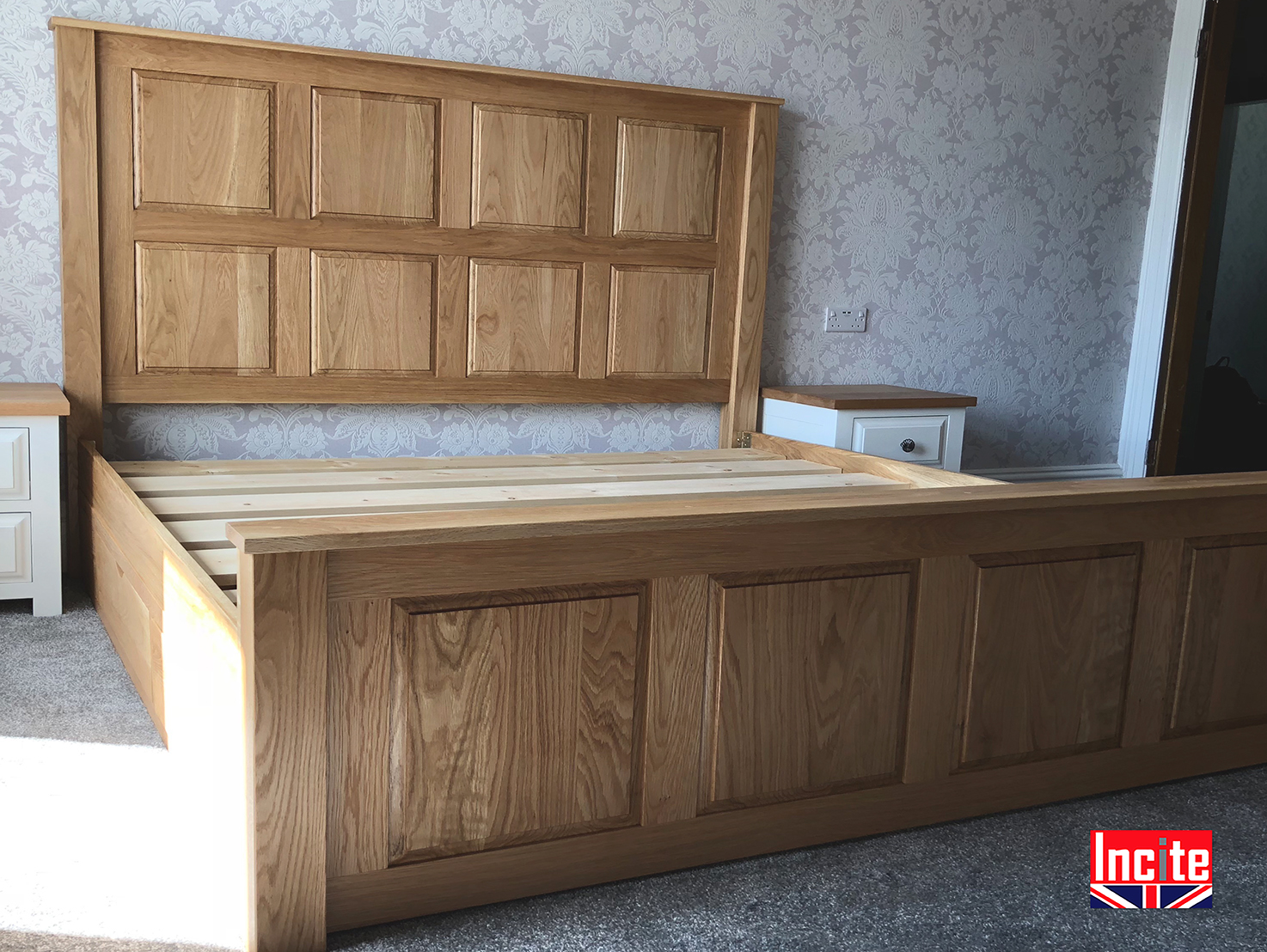 Oak Bed with Raised and Fielded Panelled Headboard Incite Interiors